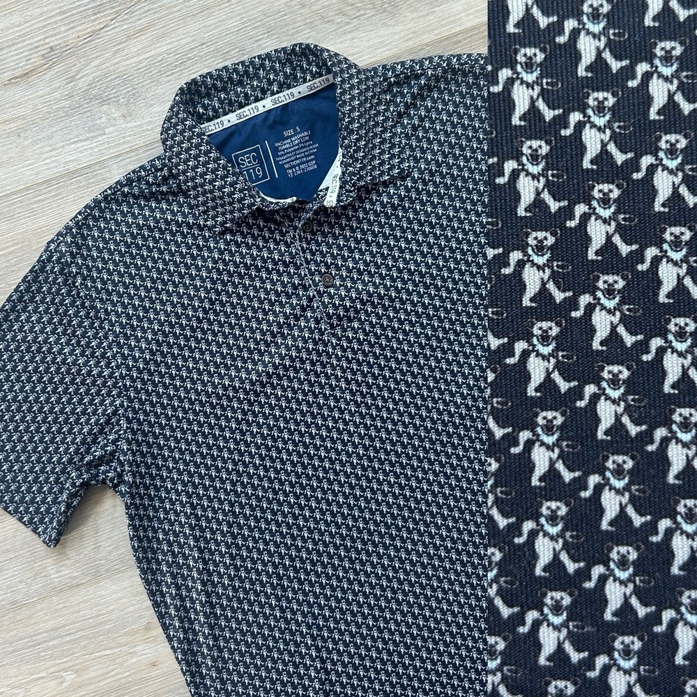 SEC 119 Polo Small Black Grateful Dead Dancing Bear Print Golf Stretch Polo